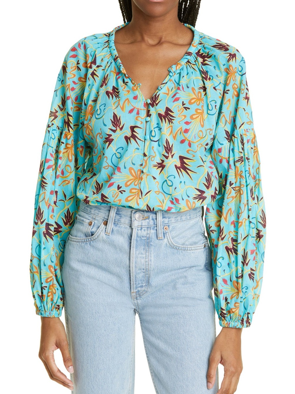 A.L.C. Size 10 Capri Aqua Blue Floral Long Sleeve Popover Blouse Top
